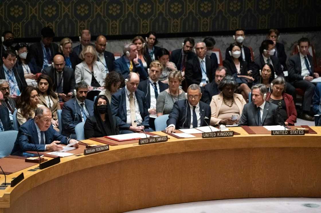 Russian Foreign Minister Sergei Lavrov (left) speaks at a Security Council session on Ukraine as US Secretary of State Antony Blinken listens on September 22, 2022 Russian Foreign Minister Sergei Lavrov (left) speaks at a Security Council session on Ukraine as US Secretary of State Antony Blinken listens on September 22, 2022