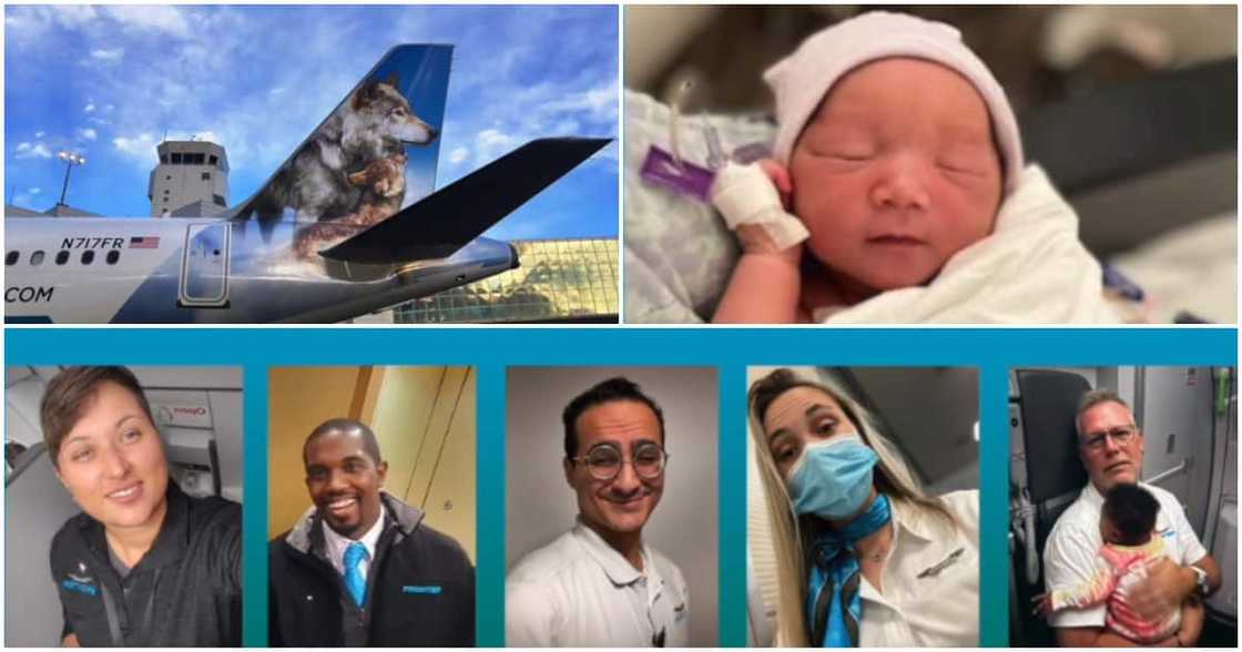 Frontier Airlines crew and Sky, the newborn baby. Frontier Airlines crew and Sky, the newborn baby.