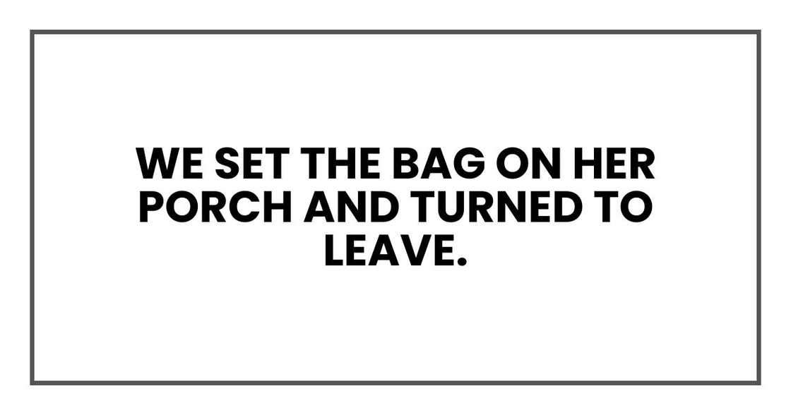 We set the bag on her porch and turned to leave.