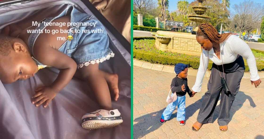 Girl in suitcase with mom Girl in suitcase with mom
