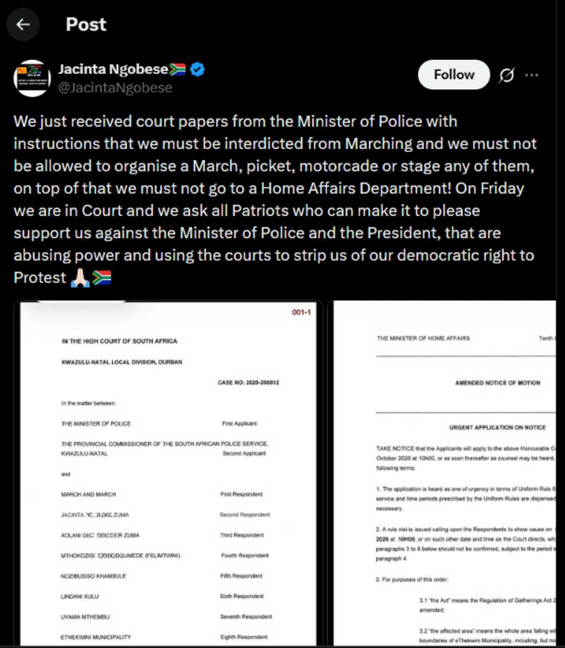 Jacinta shares court interdict from Acting Police Minister. Jacinta shares court interdict from Acting Police Minister.