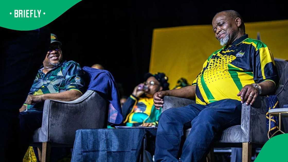African National Congress (ANC) National Chairperson Gwede Mantashe (r) rests after speaking to ANC councillors during a roll-call gathering at FNB stadium on September 15, 2025 in Johannesburg, South Africa