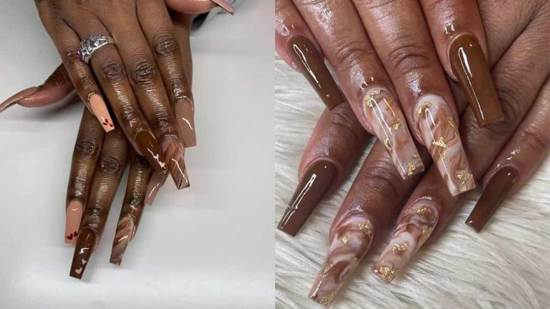 Long dark brown and milky toffee mix nails Long dark brown and milky toffee mix nails