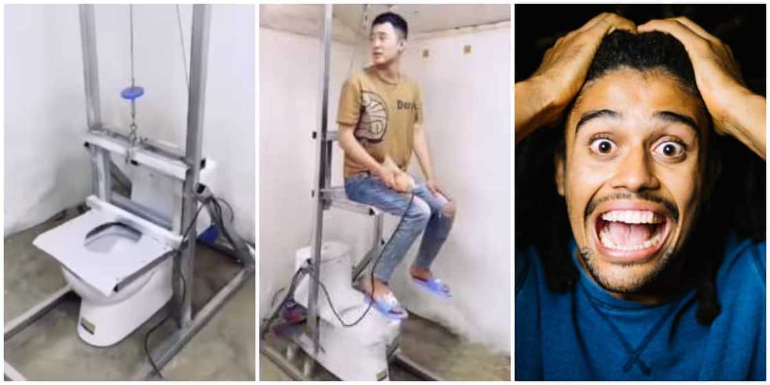 Man builds weird toilet with elevator seat that goes up when in use Man builds weird toilet with elevator seat that goes up when in use