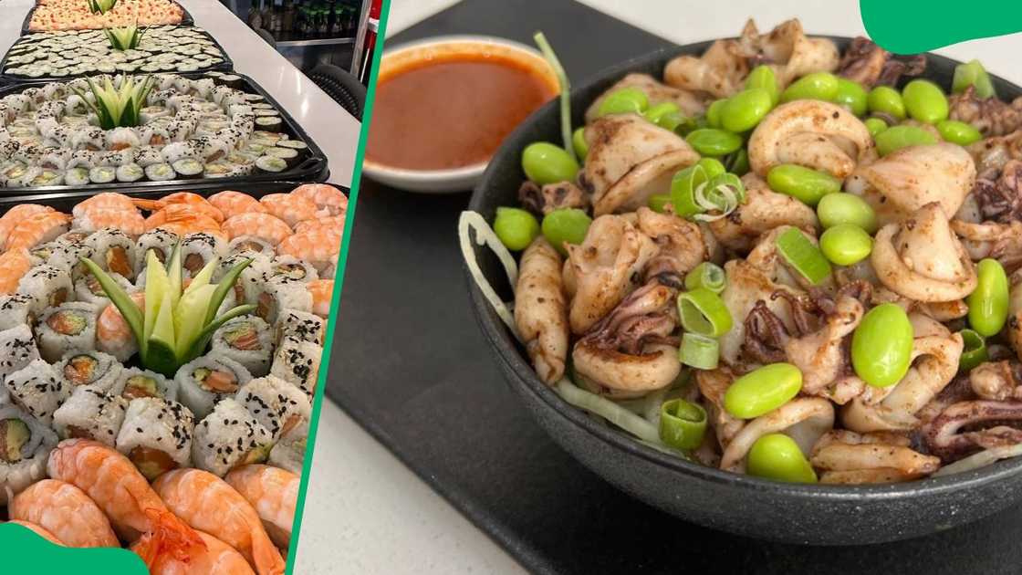 A platter from Nuri Sushi (L). Grilled calamari poke bowl (R) A platter from Nuri Sushi (L). Grilled calamari poke bowl (R)