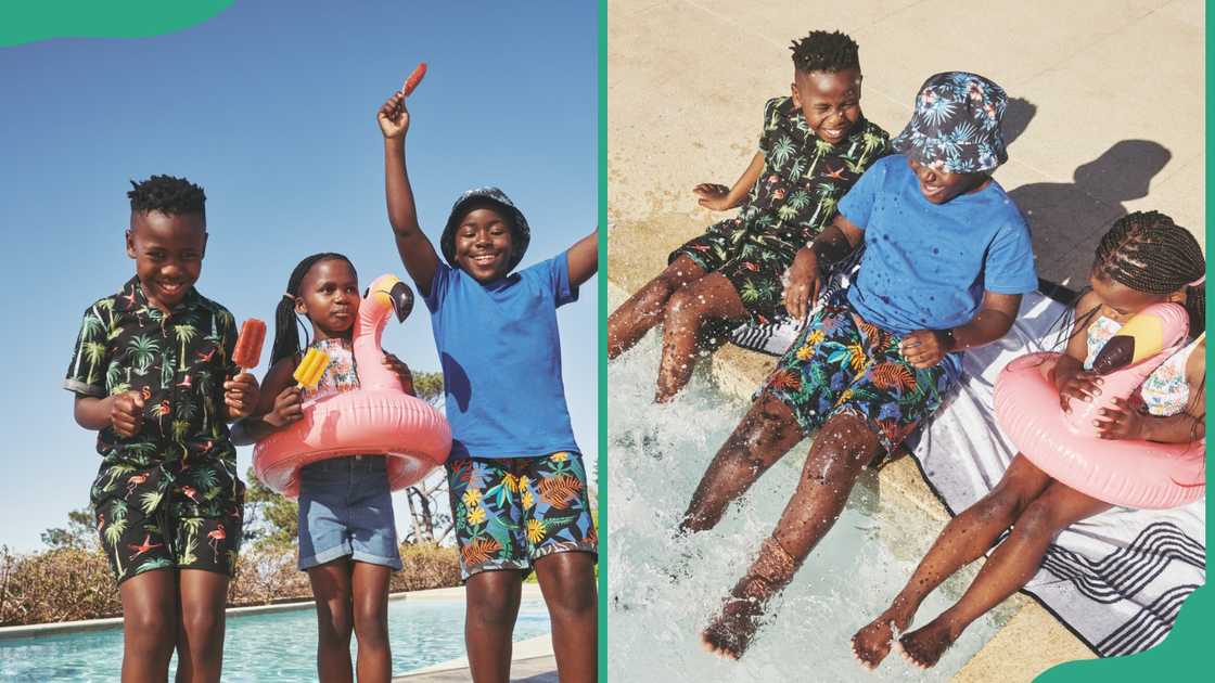 Three children wearing TFG swim collection