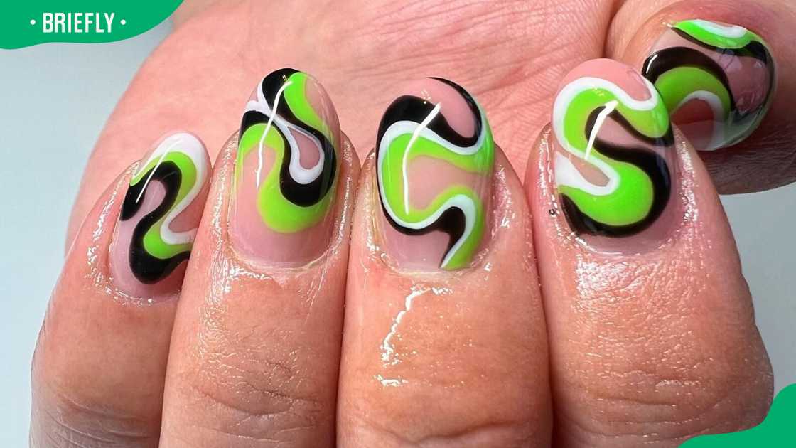 Neon green swirl nail design