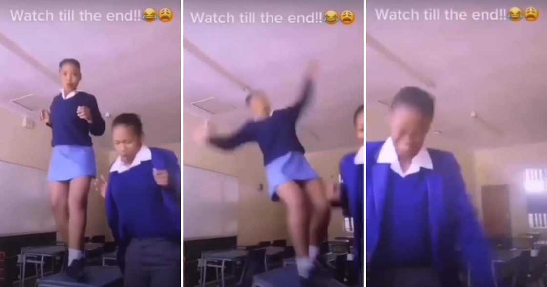 A pupil tried to do the Hamba Wena challenge and epically failed by falling on the floor. A pupil tried to do the Hamba Wena challenge and epically failed by falling on the floor.