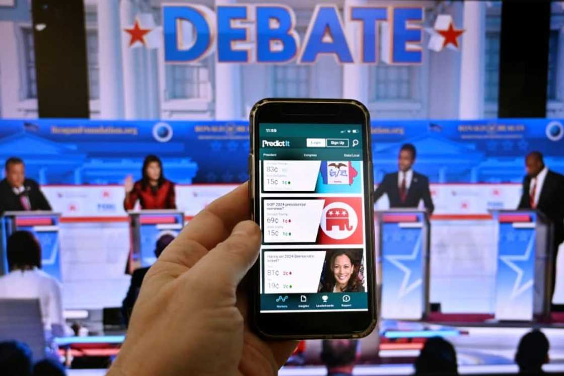 This photo illustration taken in Washington on November 1, 2023, shows a phone screen displaying PredictIt, one of two legal online prediction markets for US political gamblers This photo illustration taken in Washington on November 1, 2023, shows a phone screen displaying PredictIt, one of two legal online prediction markets for US political gamblers