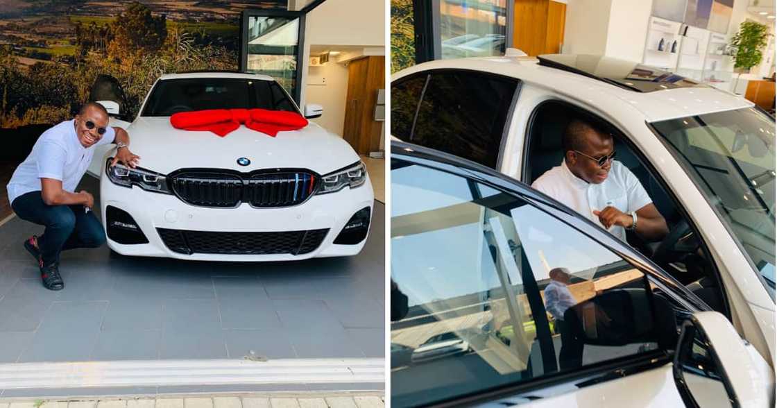 A man with deep gratitude showed off his sporty new BMW. A man with deep gratitude showed off his sporty new BMW.