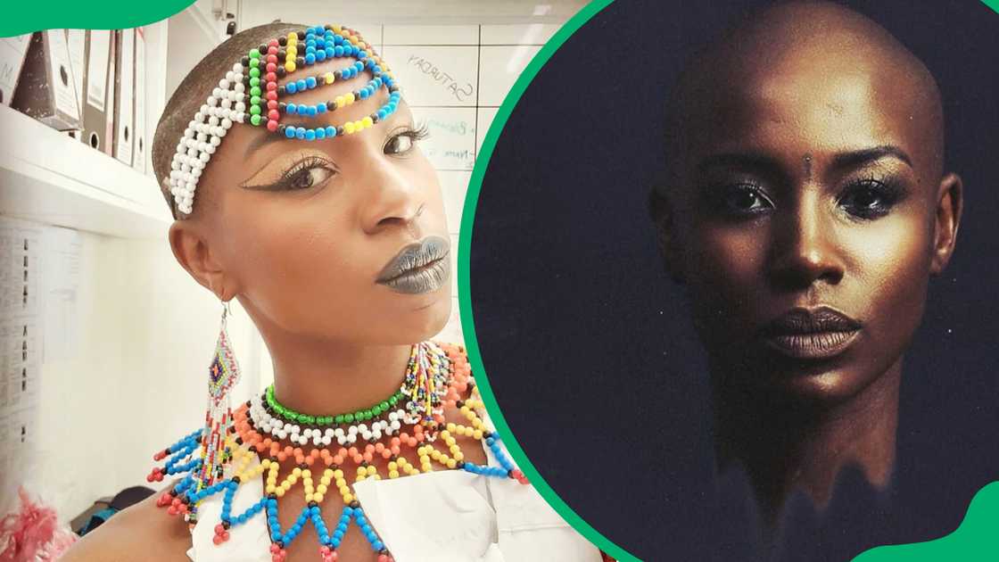 Busi Lurayi is rocks African beadwork, and she poses during a shoot