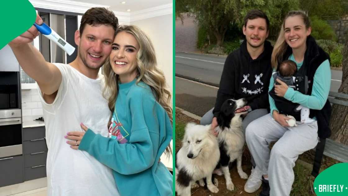A couple showing their pregnancy test and family photo.