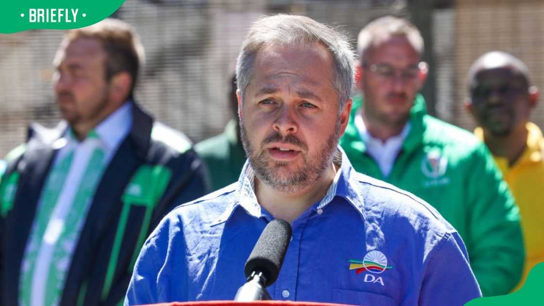 Politician Leon Schreiber during a 2024 press conference at Thembisa Customer Care Centre