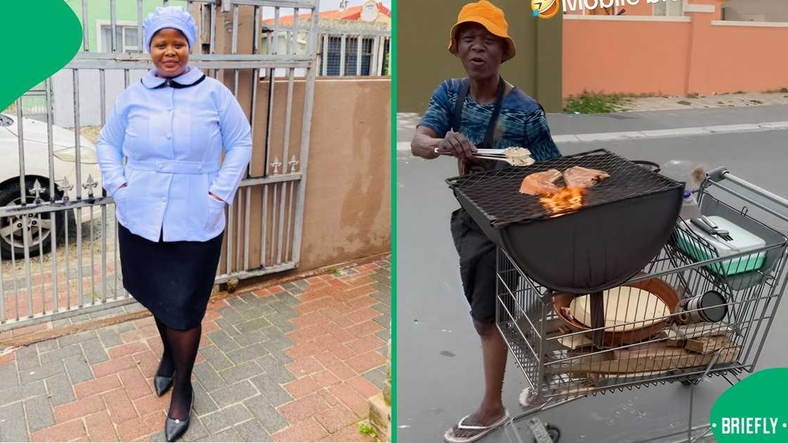 The man had a braai stand safely secured in a trolley as he turned the meat to make sure it did not burn The man had a braai stand safely secured in a trolley as he turned the meat to make sure it did not burn