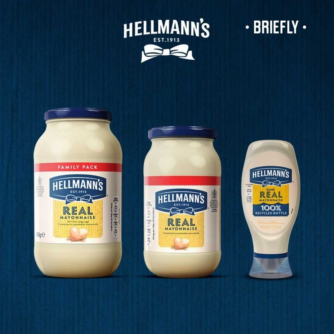 Three bottles of Hellmann's mayonnaise.