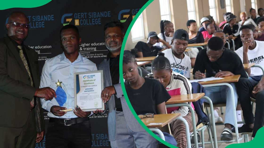 Gert Sibande College staff members during an award ceremony and students from the college inside a classroom Gert Sibande College staff members during an award ceremony and students from the college inside a classroom