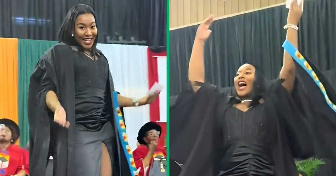 University of KwaZulu-Natal female graduate dances on stage.