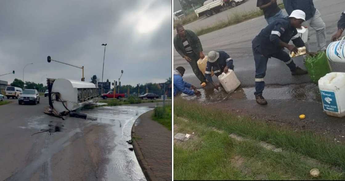 Onlookers siphon fuel from overturned gas tanker