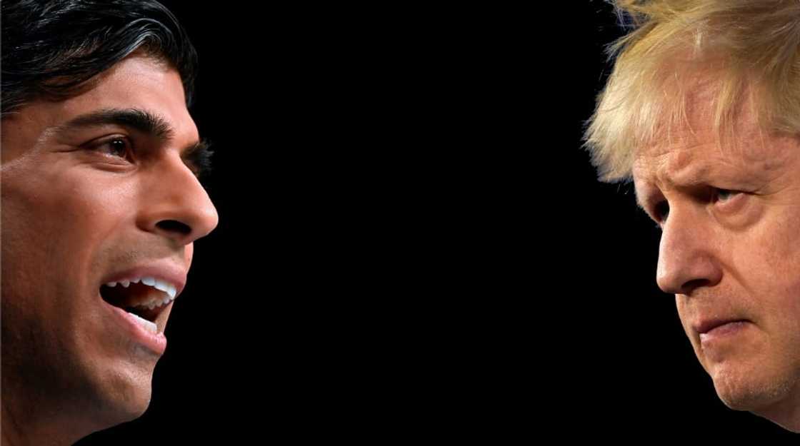 (COMBO) Britain's ex-prime minister Boris Johnson (R), and former finance minister Rishi Sunak (L). (COMBO) Britain's ex-prime minister Boris Johnson (R), and former finance minister Rishi Sunak (L).