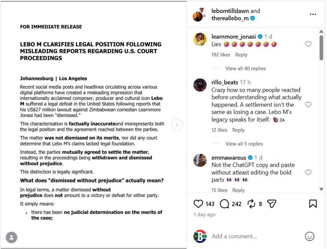 Zimbabwean comedian reacts to Lebo M's claim after US court dismisses $27 million lawsuit