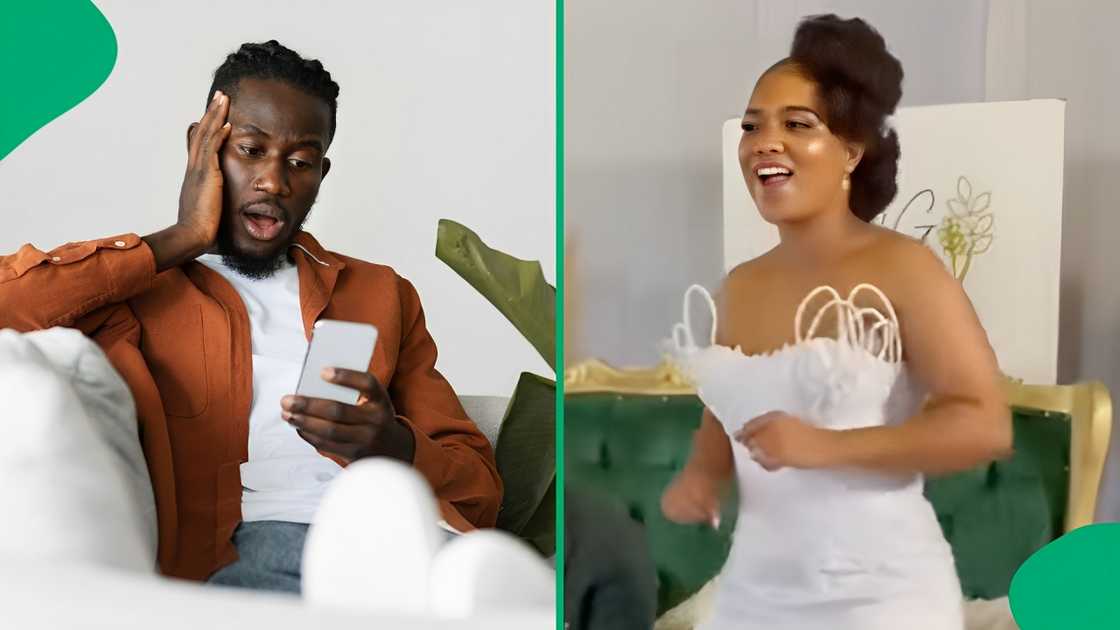 A stock photo of a stunned man and a TikTok photo of a bride A stock photo of a stunned man and a TikTok photo of a bride