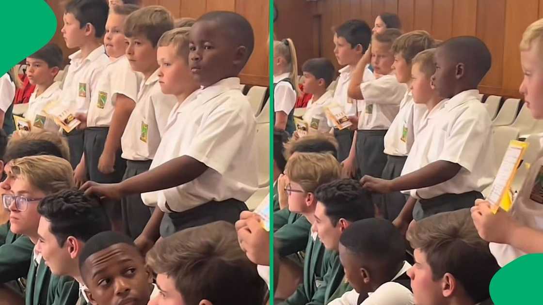 A TikTok video shows a toddler playing with a schoolboy's hair. A TikTok video shows a toddler playing with a schoolboy's hair.