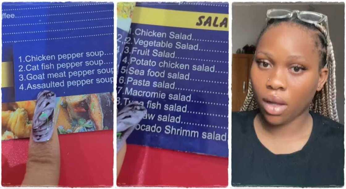 Lady shows spelling mistakes in a restaurant menu.