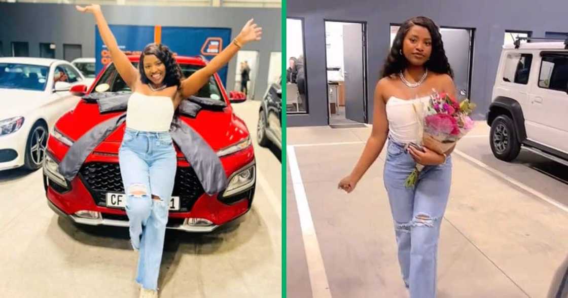 Young woman flexes buying a brand-new car. Young woman flexes buying a brand-new car.