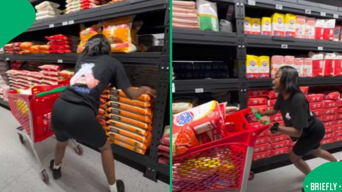 The screenshot on the right showed Dorah pushing her trolley full of groceries while running