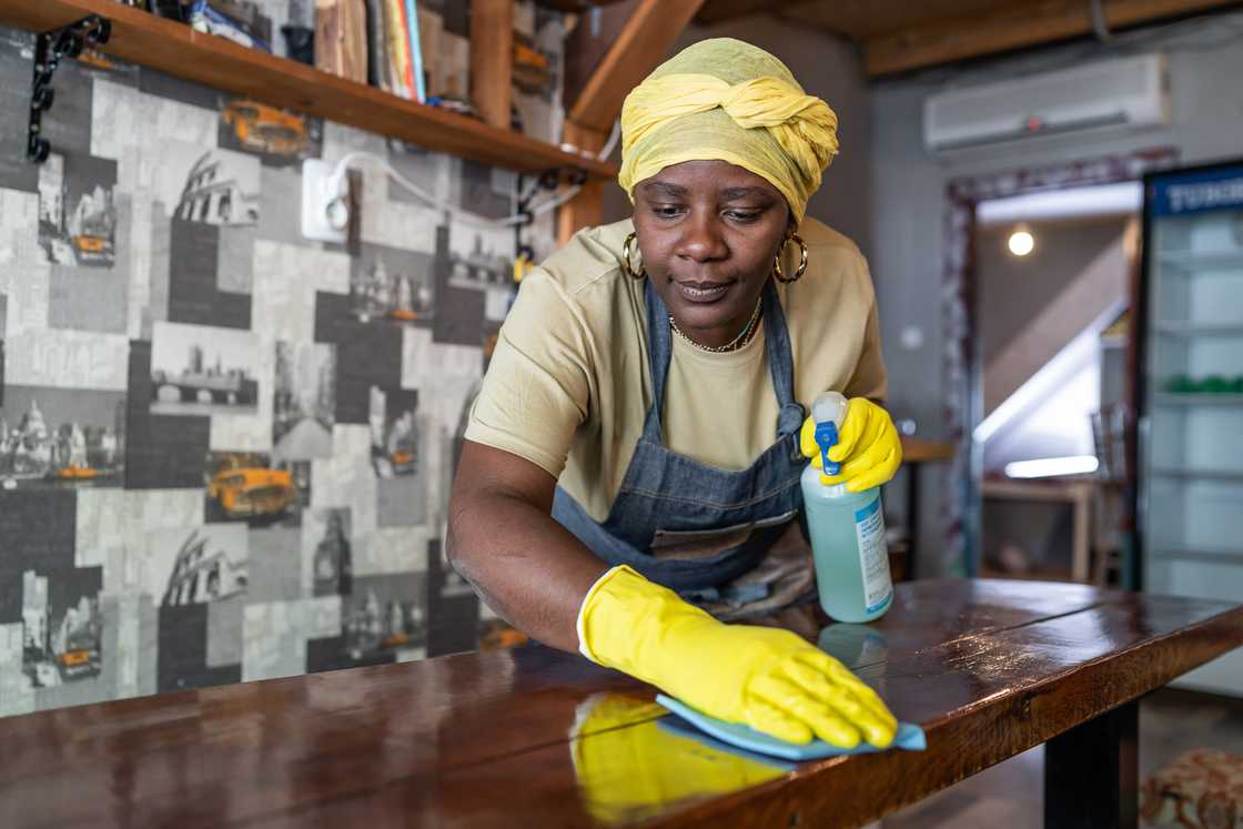 A stock photo of a female domestic worker cleaning a house
