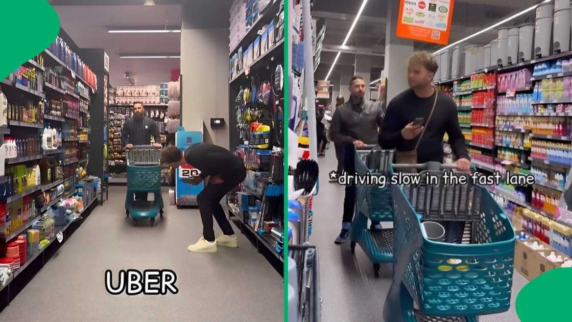 Comedians showed how people stereotypically shop with trolleys as drivers.