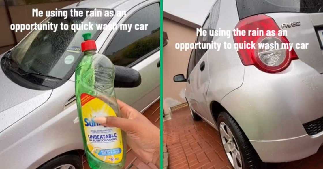 A woman used a rainy day as an opportunity to wash her car. She put on a dishwashing liquid and and left the rest for the rain. A woman used a rainy day as an opportunity to wash her car. She put on a dishwashing liquid and and left the rest for the rain.