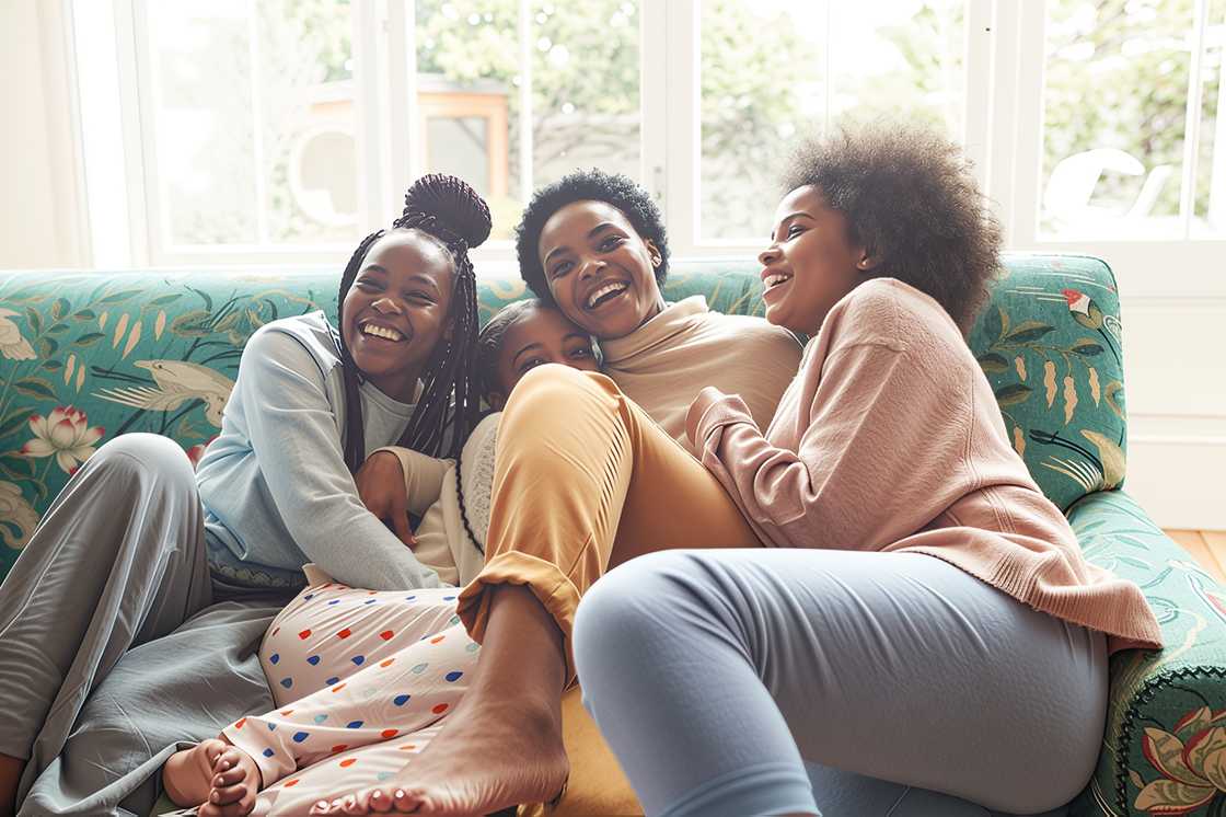 Portrait of a happy woman embracing girls Portrait of a happy woman embracing girls
