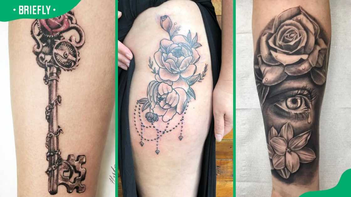 Key and flower (L), thigh (C), and rose with eye flower tattoos (R)