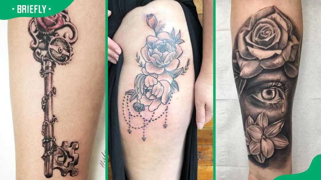 Key and flower (L), thigh (C), and rose with eye flower tattoos (R) Key and flower (L), thigh (C), and rose with eye flower tattoos (R)