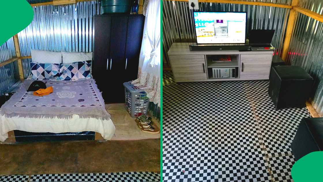 A man showed off his shack's bedroom.