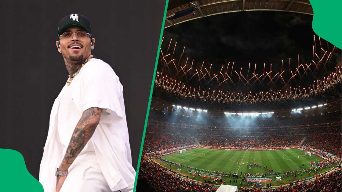 Chris Brown rehearses being suspended mid-air at FNB stadium Chris Brown rehearses being suspended mid-air at FNB stadium