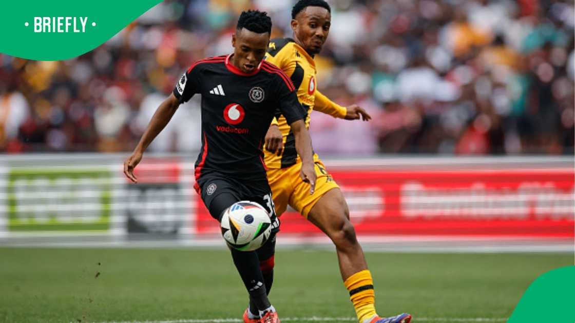 Relebohile Mofokeng wins penalty for Orlando Pirates after being fouled by Njabulo Blom.