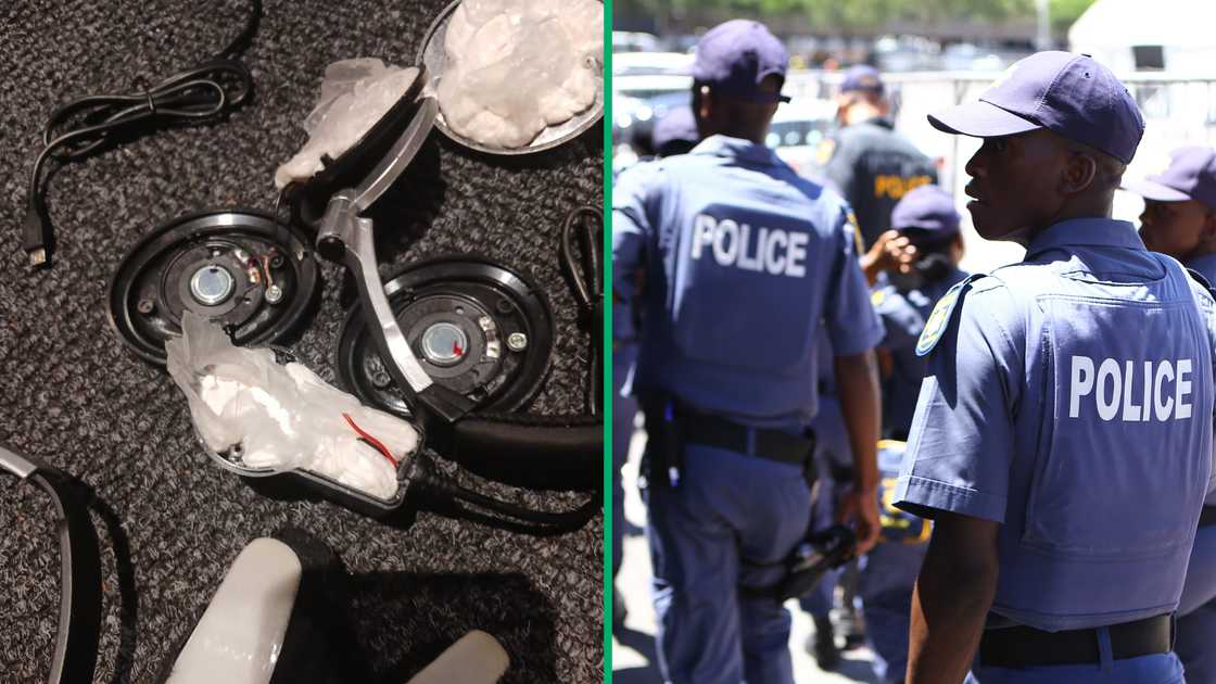 Cocaine was hidden in airplane headphones which SAPS found when they arrested a drug mule. Cocaine was hidden in airplane headphones which SAPS found when they arrested a drug mule.