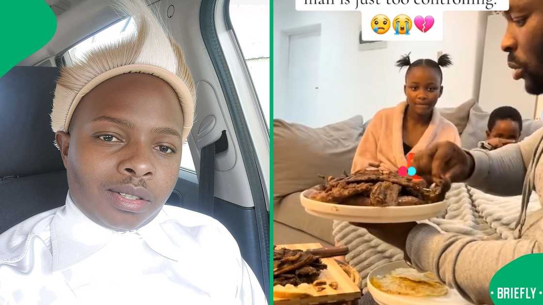 The daughter asked him why he was dishing himself a lot of meat, reminding him that he had eggs on his plate The daughter asked him why he was dishing himself a lot of meat, reminding him that he had eggs on his plate