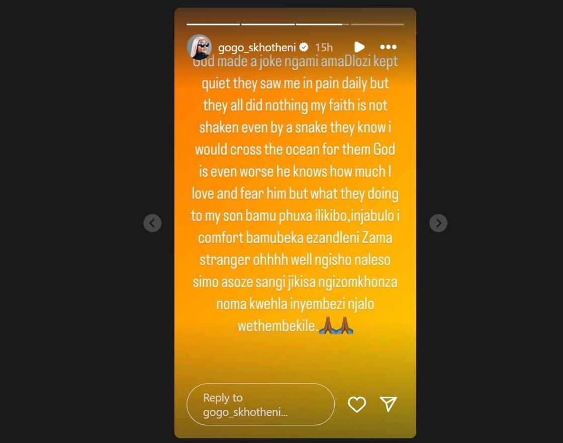 Gogo Skhotheni shared emotional messages about her son's health Gogo Skhotheni shared emotional messages about her son's health