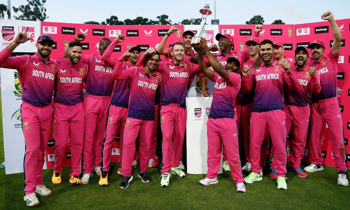 SA national team celebrate after winning the 2nd Betway ODI match between South Africa and the Netherlands at DP World Wanderers Stadium in April 2023.