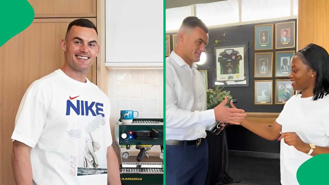 Jesse Kriel does a handshake with a fan. Jesse Kriel does a handshake with a fan.