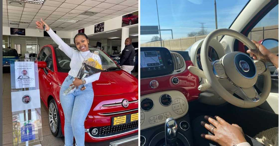An overjoyed woman showed off her new Fiat 500. An overjoyed woman showed off her new Fiat 500.
