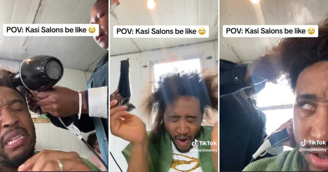Man getting his hair done at a Kasi salon Man getting his hair done at a Kasi salon