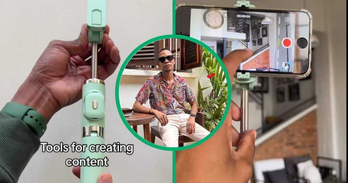 Man plugs people on tripod selfie stick Man plugs people on tripod selfie stick