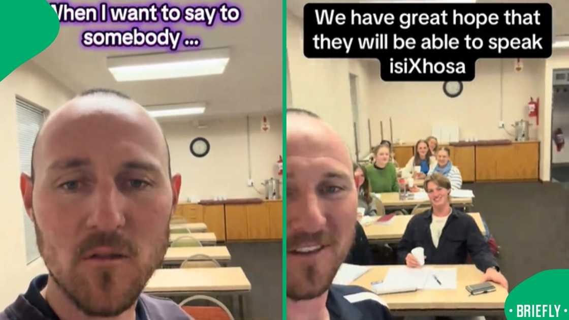 The screenshot on the right showed Khaya in a lecture room in Stellenbosch University