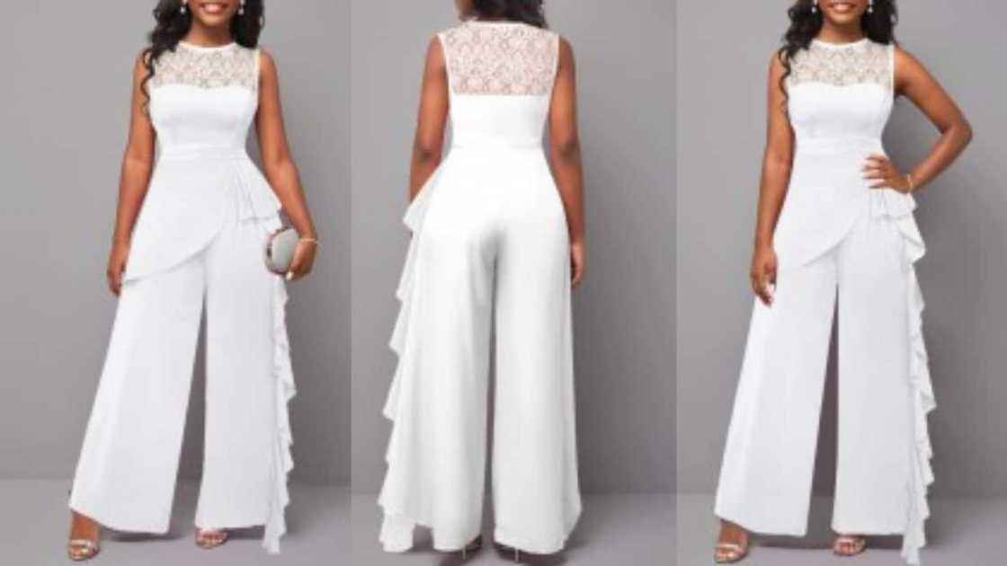 Wide-leg lace jumpsuit with round neckline and ruffle detail Wide-leg lace jumpsuit with round neckline and ruffle detail