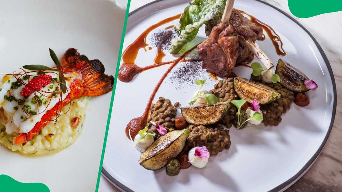 Crayfish tail (L). Karoo Lamb Duo, smoked tomato, strained yoghurt and tempura kale (R)