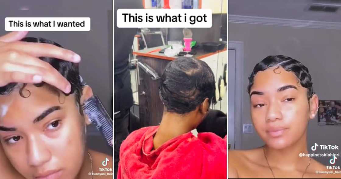 TikTok user @happinesshlohlori shared a video showing the slick hair style that she asked for vs what she got TikTok user @happinesshlohlori shared a video showing the slick hair style that she asked for vs what she got